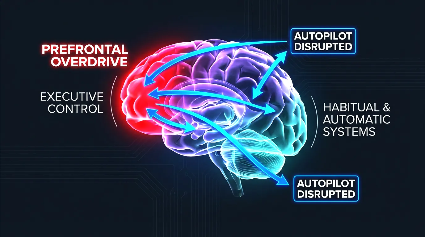 Brain pressure response diagram showing prefrontal cortex overdrive