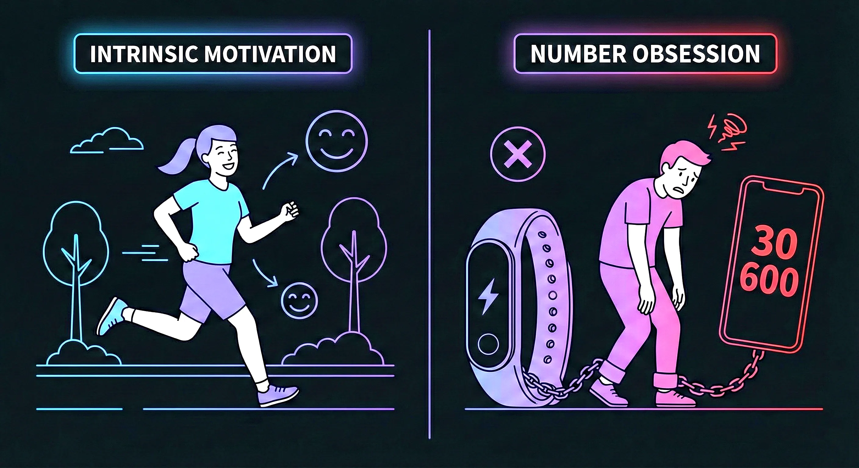 Fitness tracker displaying obsessive step count with anxiety indicators