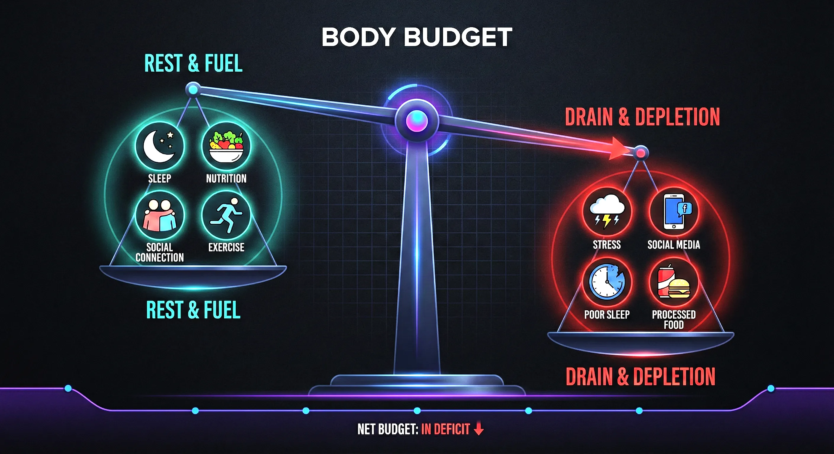Body budget concept showing energy inputs vs outputs affecting emotional state