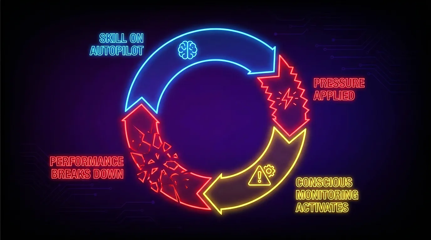 Infographic showing the paralysis by analysis cycle from conscious monitoring to performance breakdown