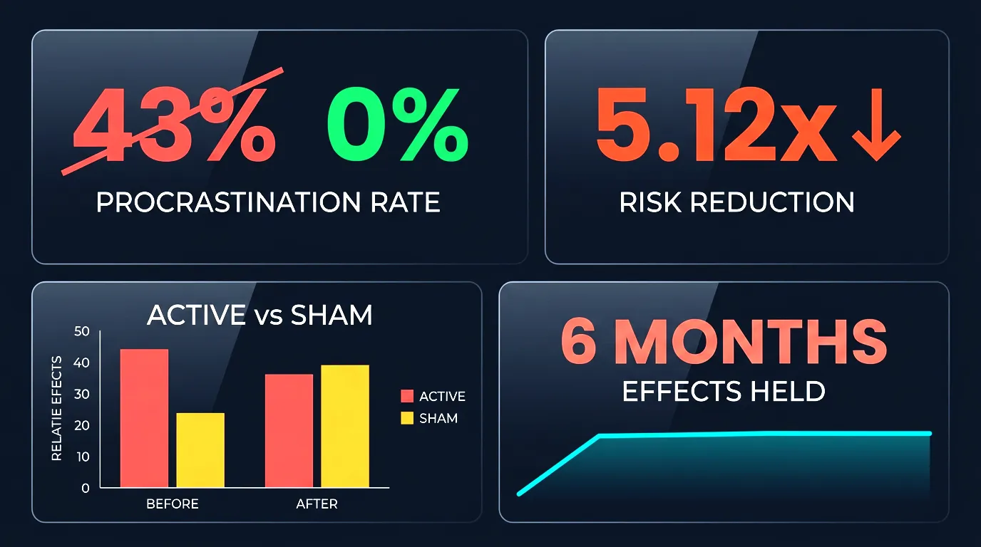 Brain stimulation results showing procrastination dropping from 43% to 0%
