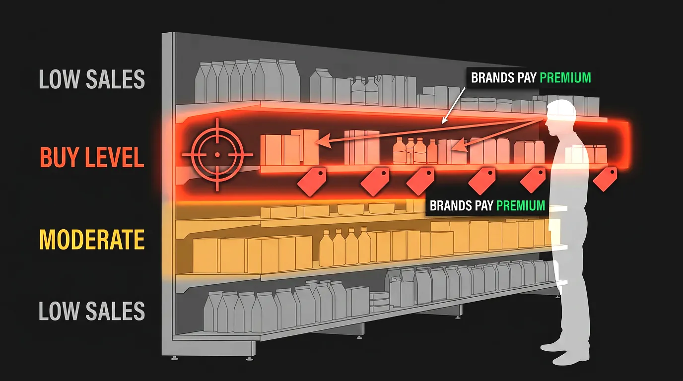 Dark infographic of retail store layout showing psychological manipulation zones