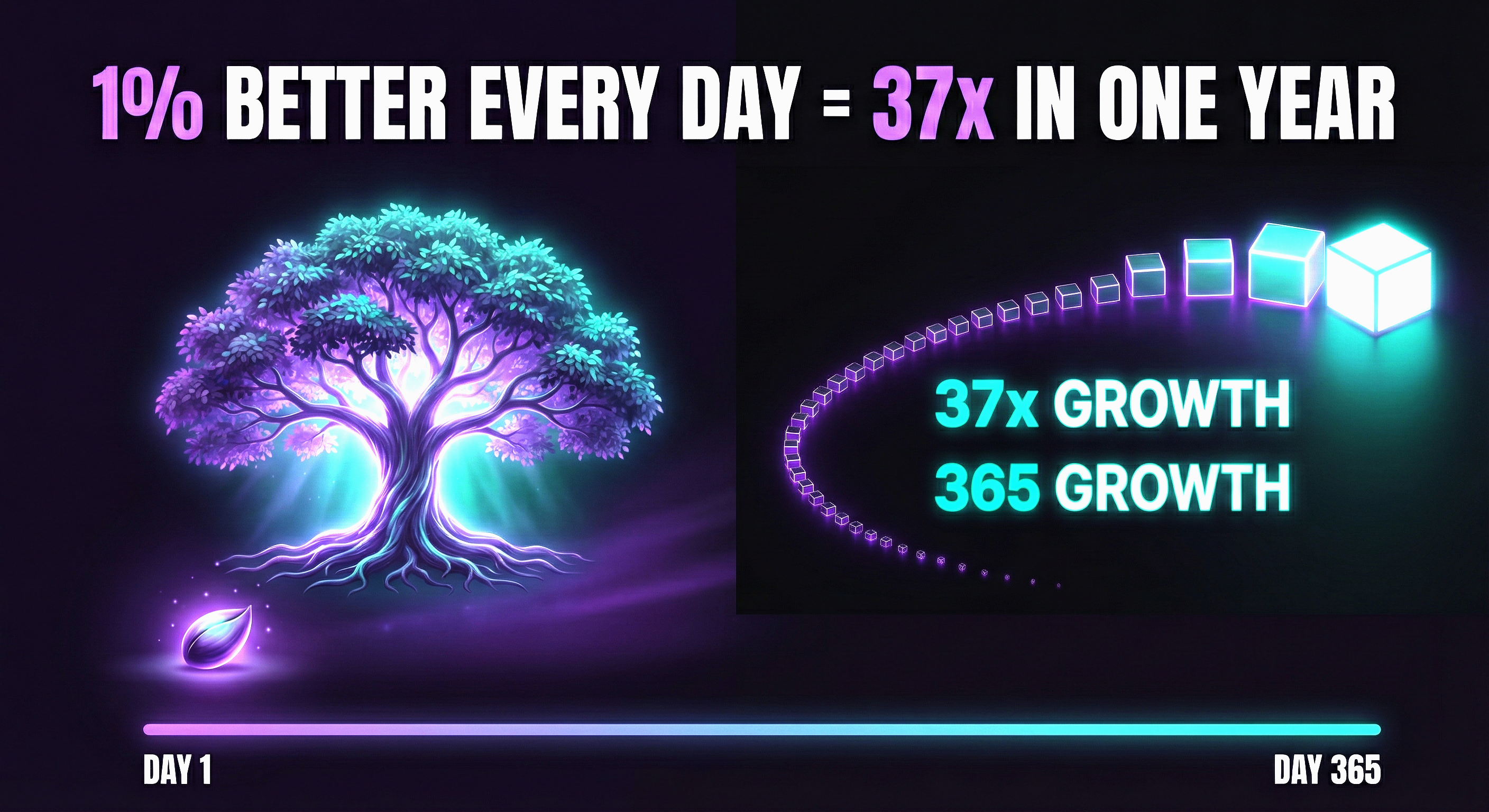 Visualization of small daily improvements compounding over one year into 37x growth